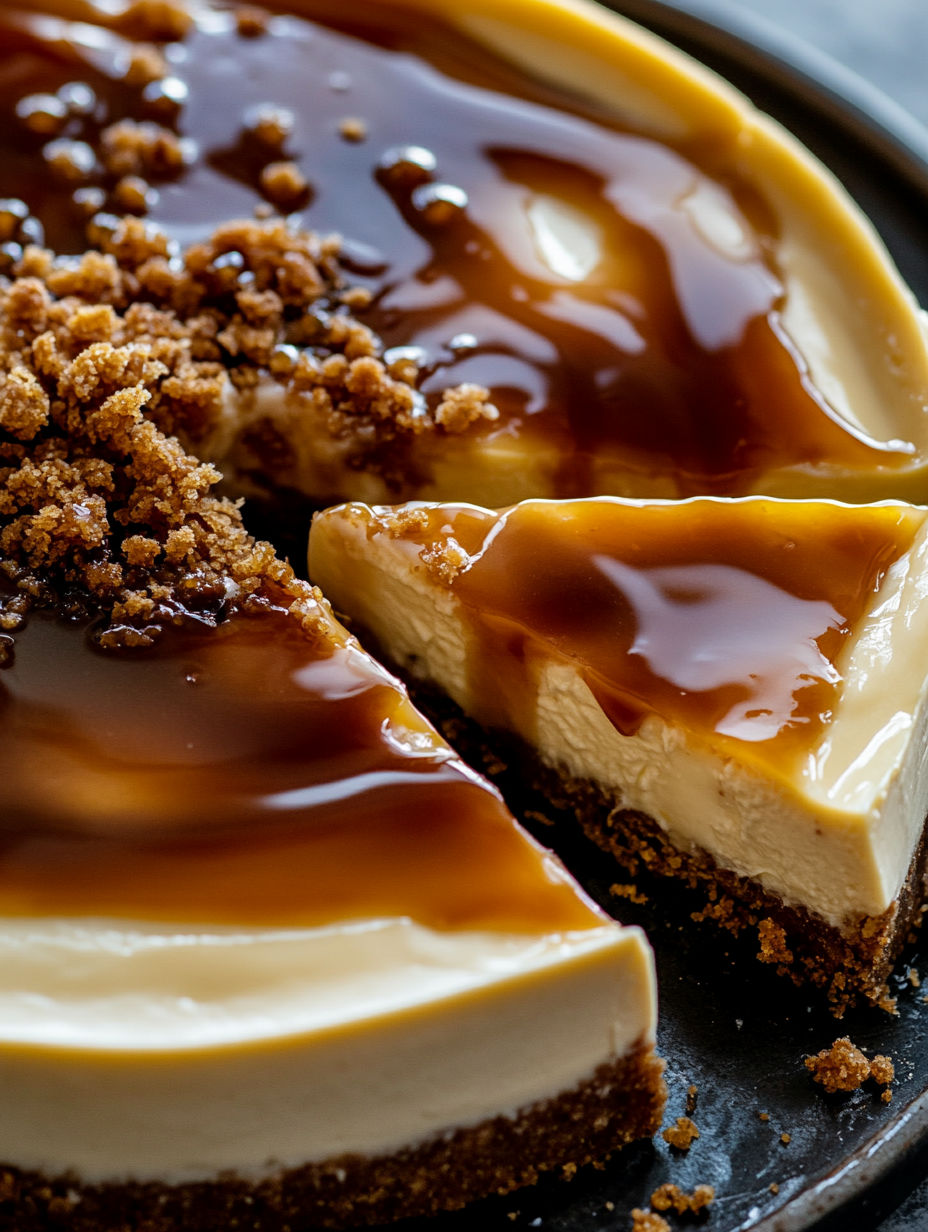 A slice of caramel apple cheesecake.