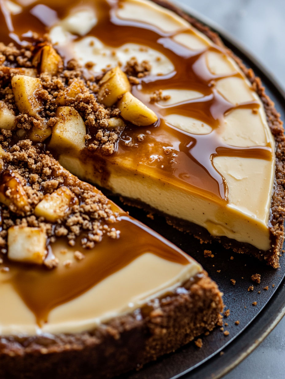 A slice of caramel apple cheesecake.