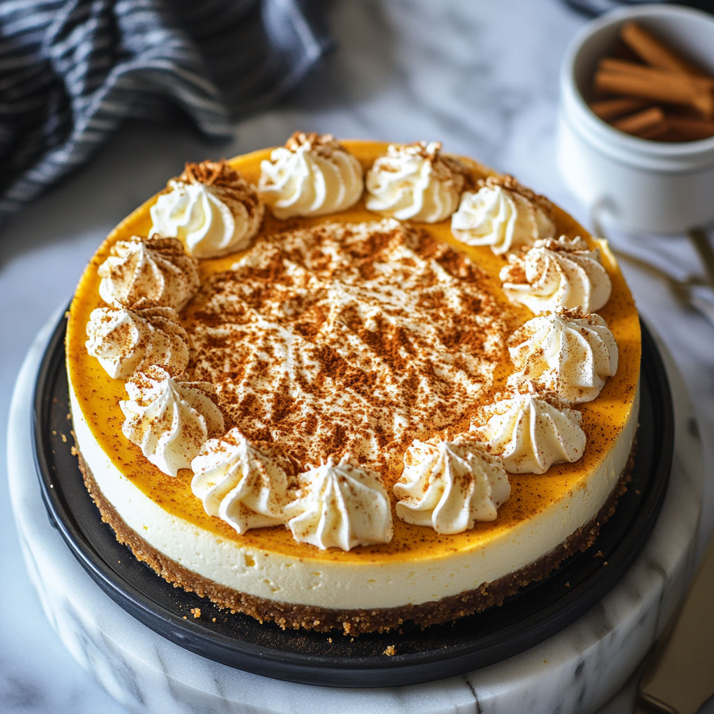 A slice of pumpkin pie cheesecake with whipped cream.