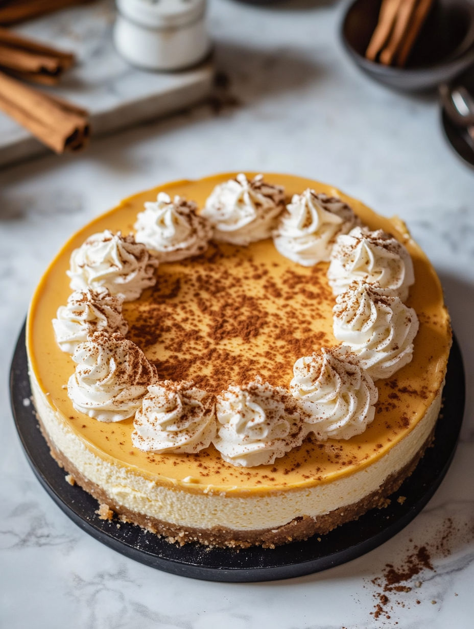 A slice of pumpkin pie cheesecake with white whipped cream.