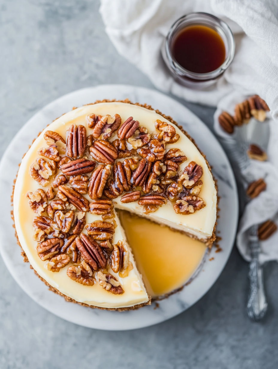 A slice of maple pecan cheesecake.