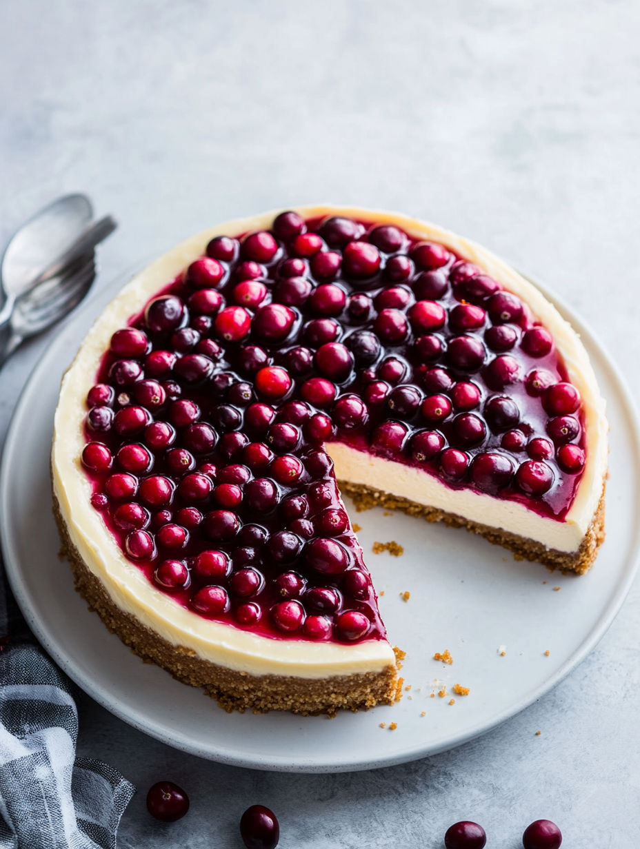 A slice of cranberry orange cheesecake.