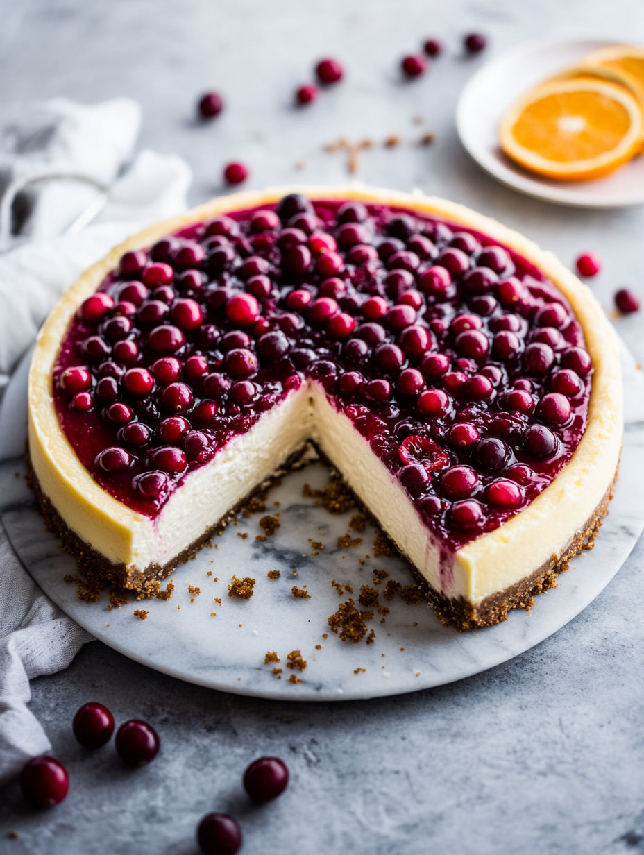 A slice of cranberry orange cheesecake on a plate.