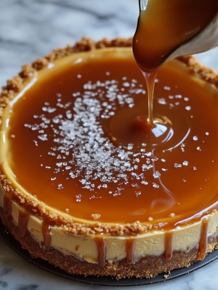 A slice of salted caramel cheesecake with a drizzle of caramel sauce.