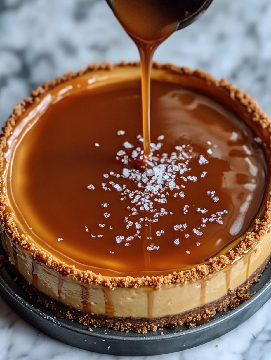 A slice of salted caramel cheesecake with a drizzle of caramel sauce.
