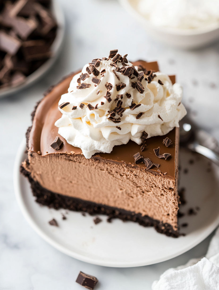 A slice of chocolate espresso cheesecake with whipped cream on top.