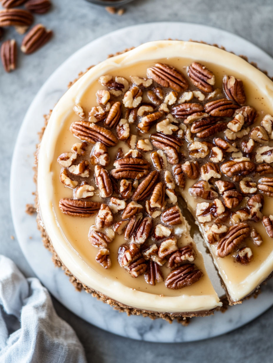A slice of pecan pie cheesecake.