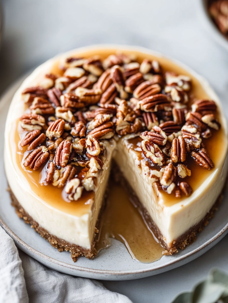 A slice of pecan pie cheesecake.