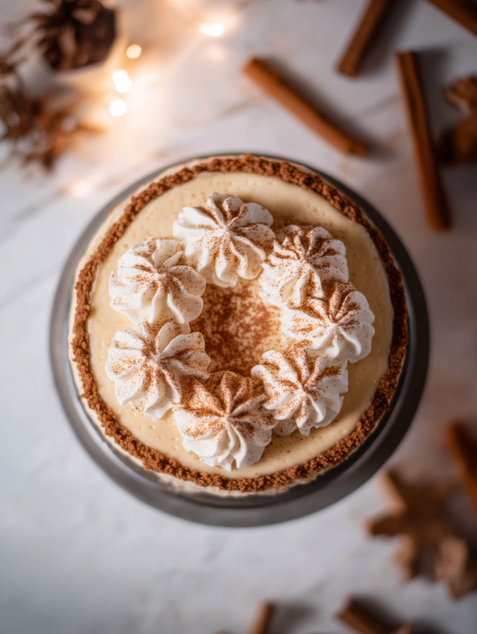 A gingerbread cheesecake with white frosting.