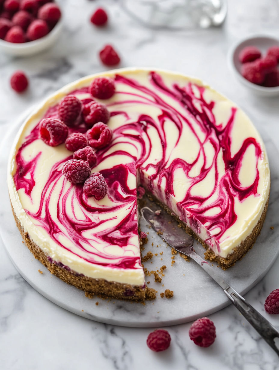 A slice of white chocolate raspberry cheesecake.