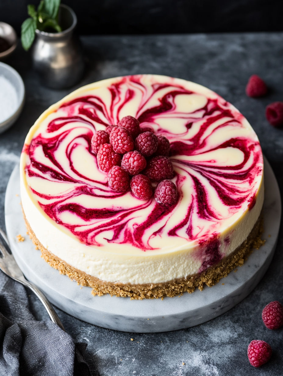 A slice of white chocolate raspberry cheesecake.