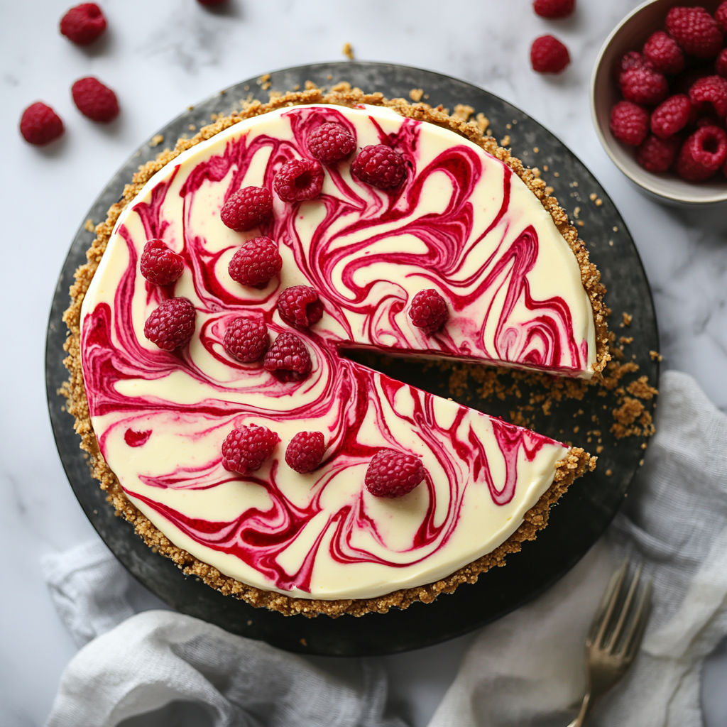 A slice of white chocolate raspberry cheesecake.