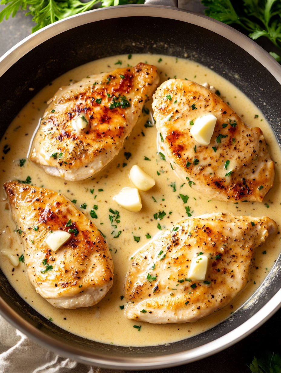 A pan of chicken with garlic and butter.
