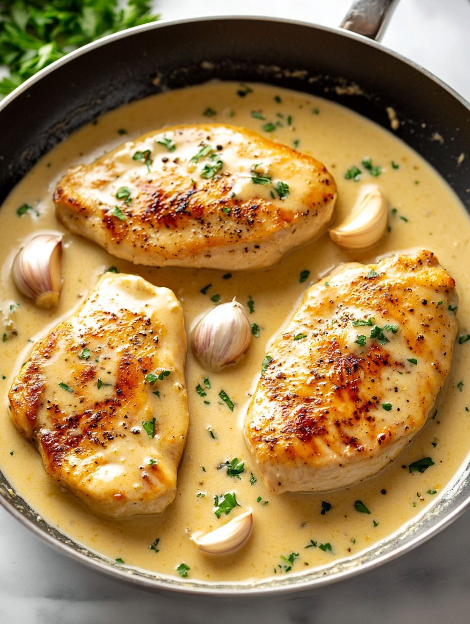 Chicken with garlic sauce and onions.