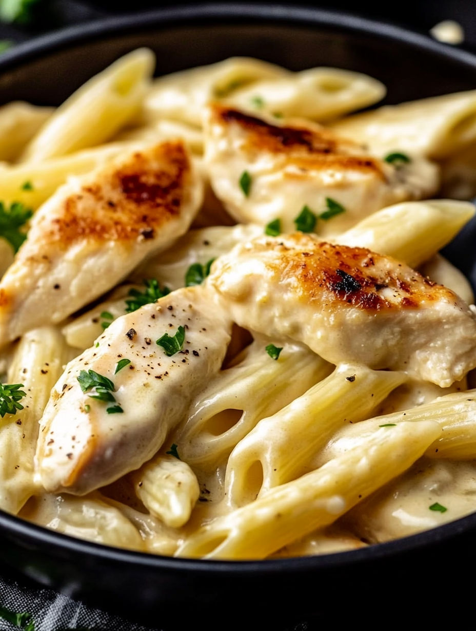 A bowl of creamy garlic chicken and penne.