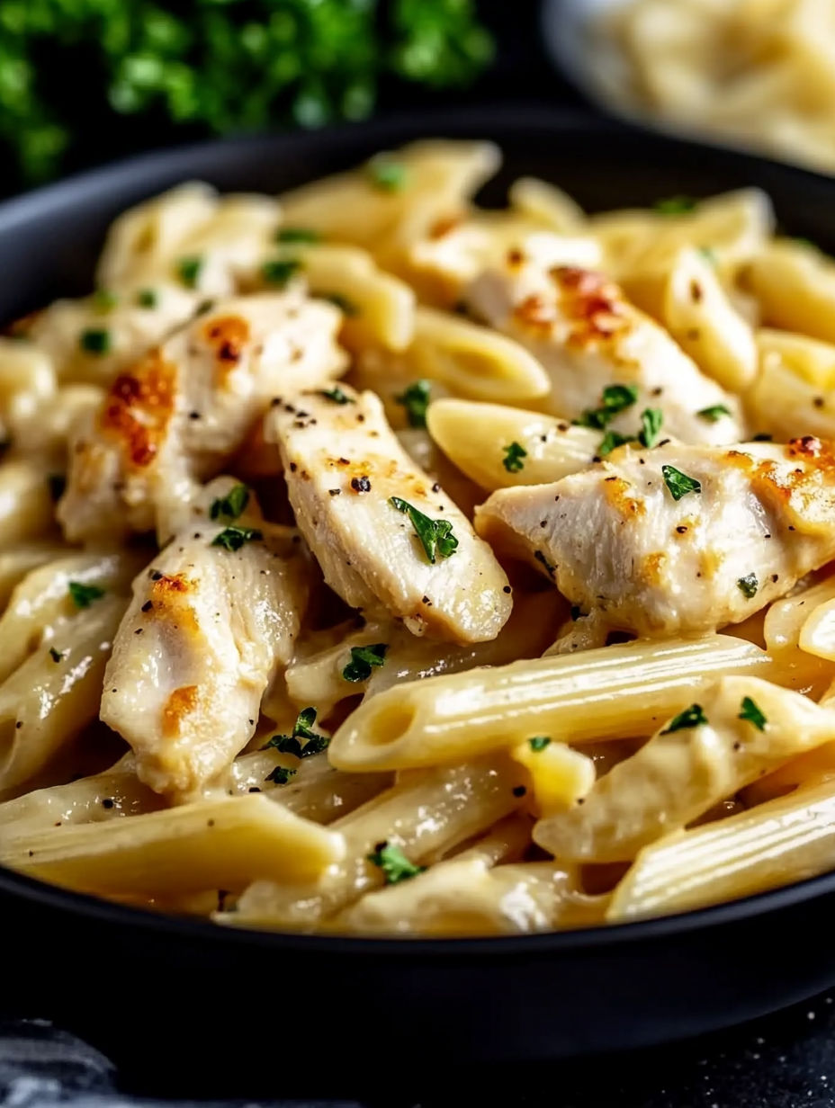 A bowl of creamy garlic chicken and penne.