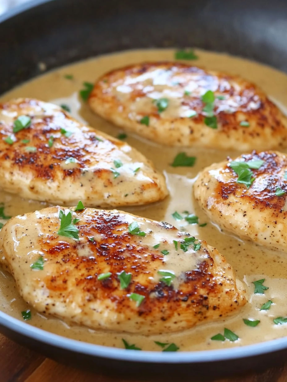 Chicken cooked in a creamy garlic sauce.