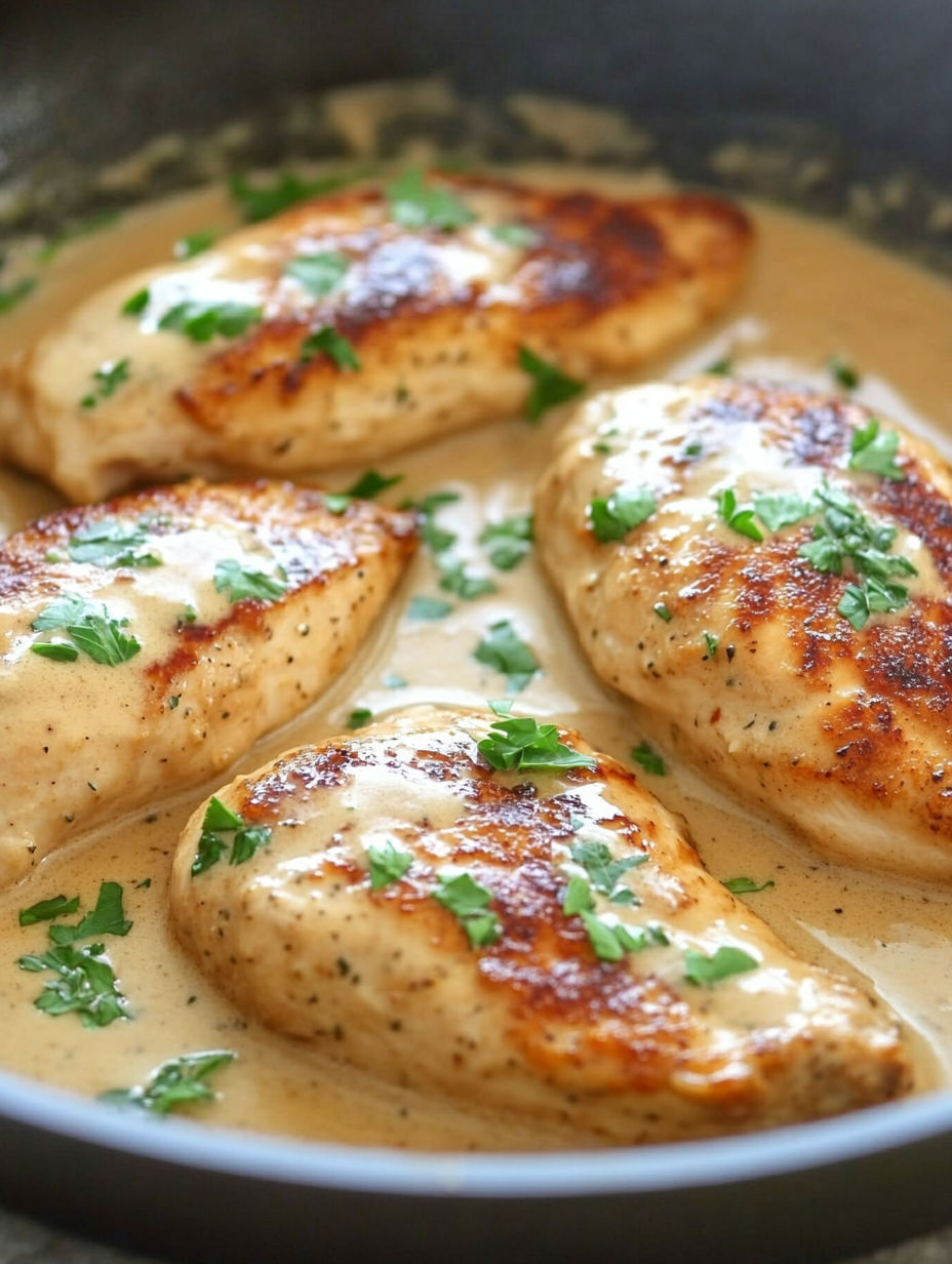 Chicken cooked in a creamy garlic sauce.