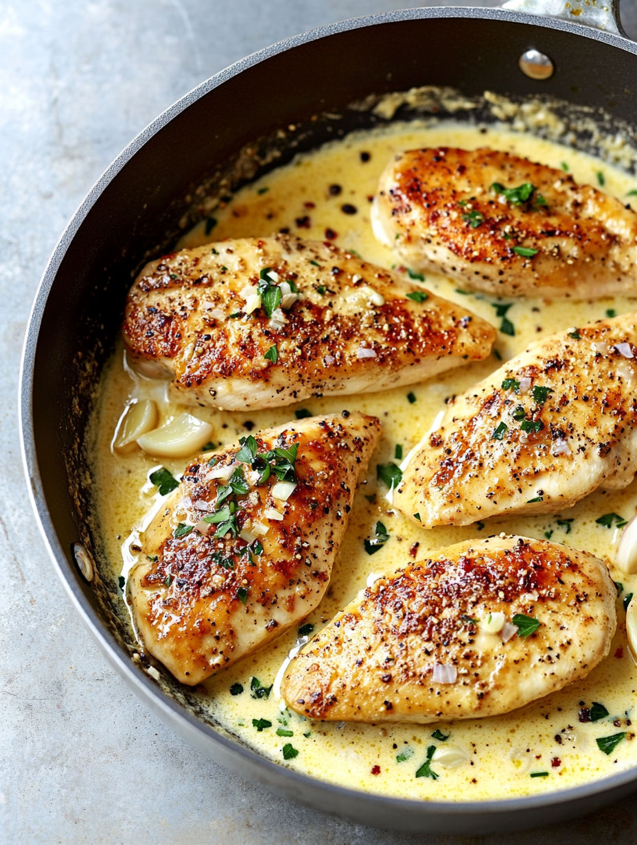 A pan of chicken with a creamy garlic sauce.