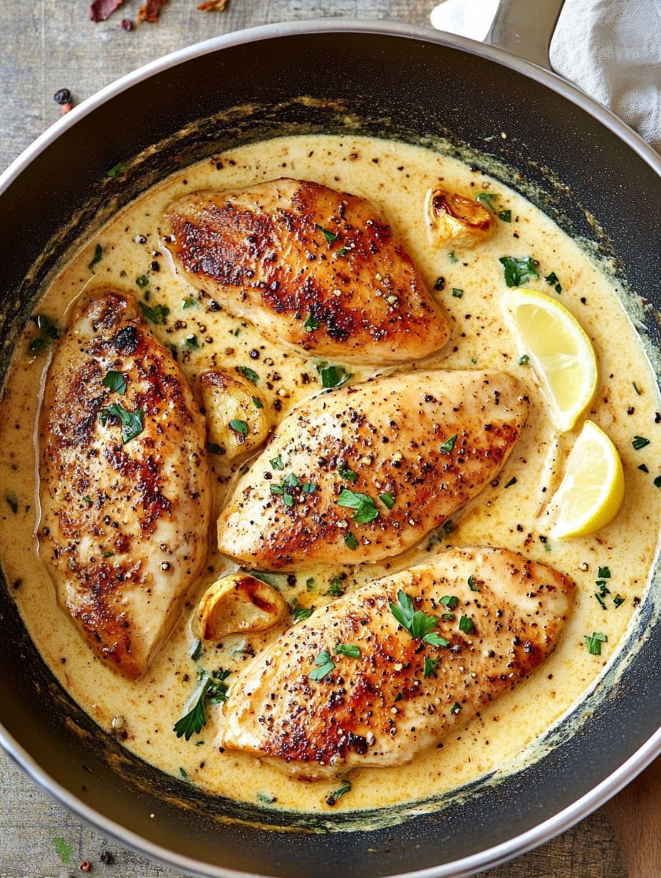 A pan of chicken with a lemon wedge on top.
