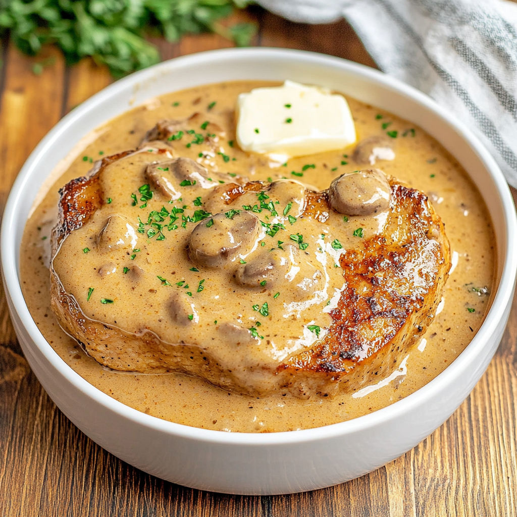 A bowl of pork chops in a creamy sauce.