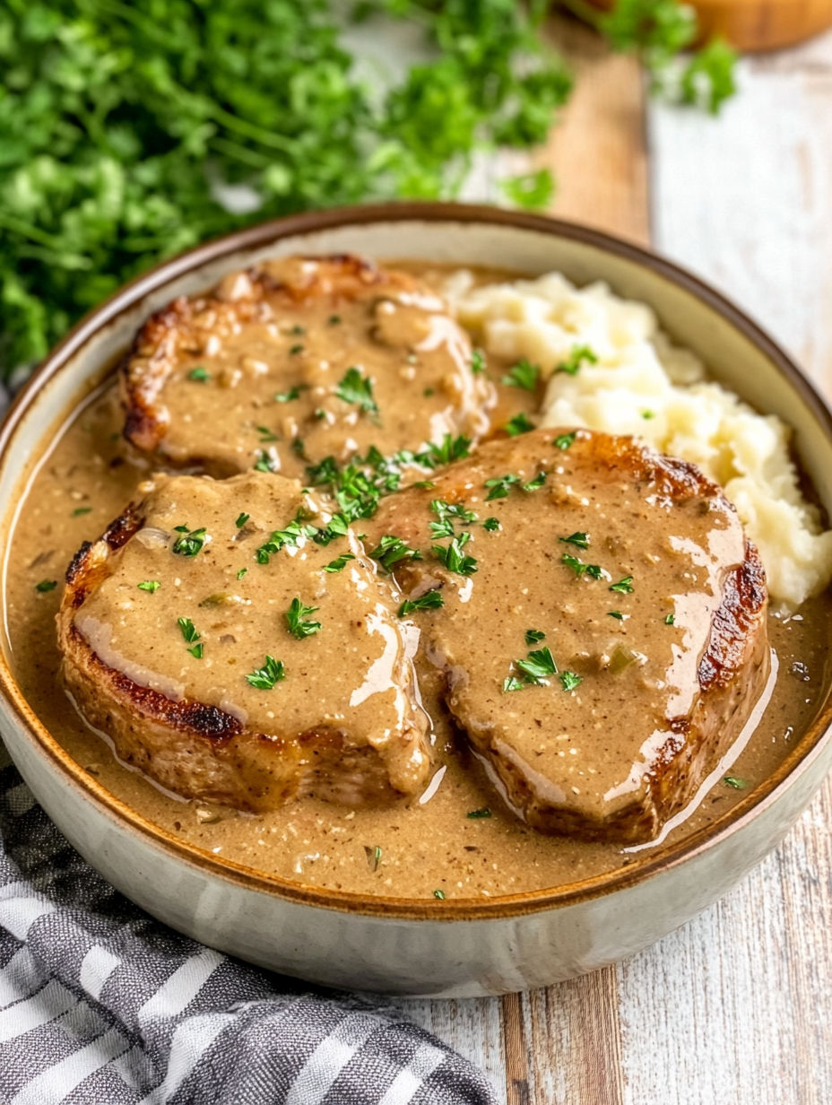 A bowl of pork chops in a creamy sauce.