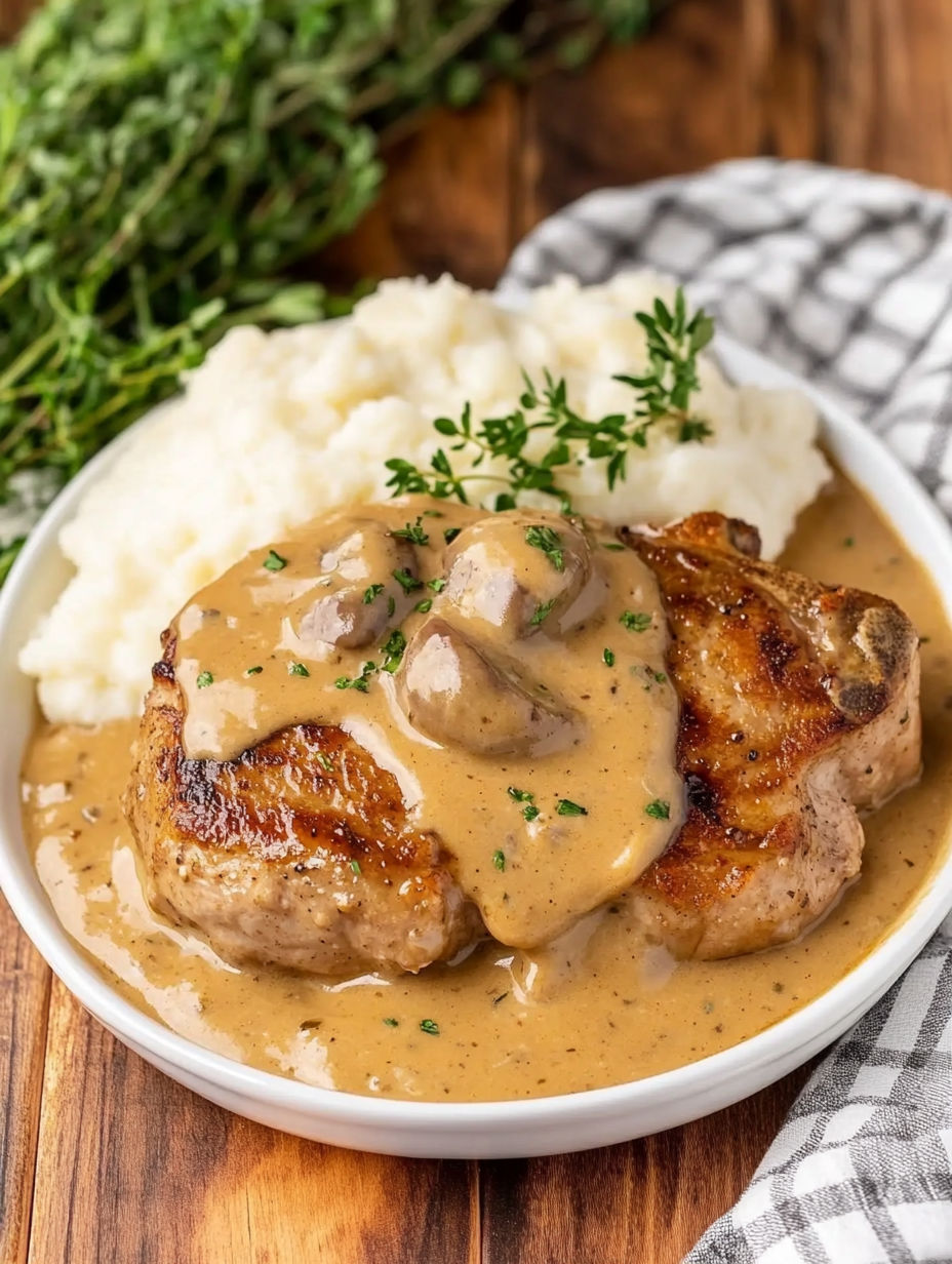 A plate of pork chops covered in a creamy sauce.