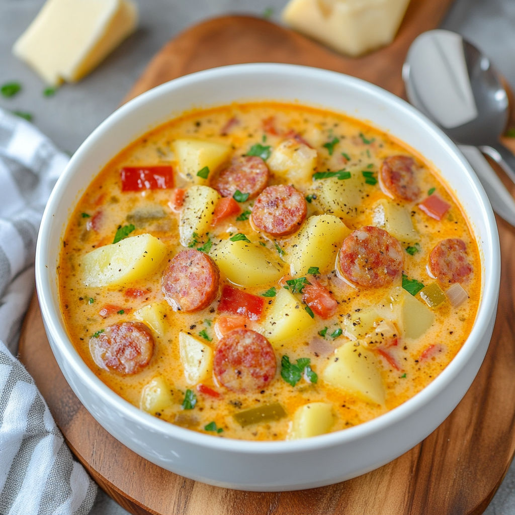 A bowl of soup with sausage and potatoes.