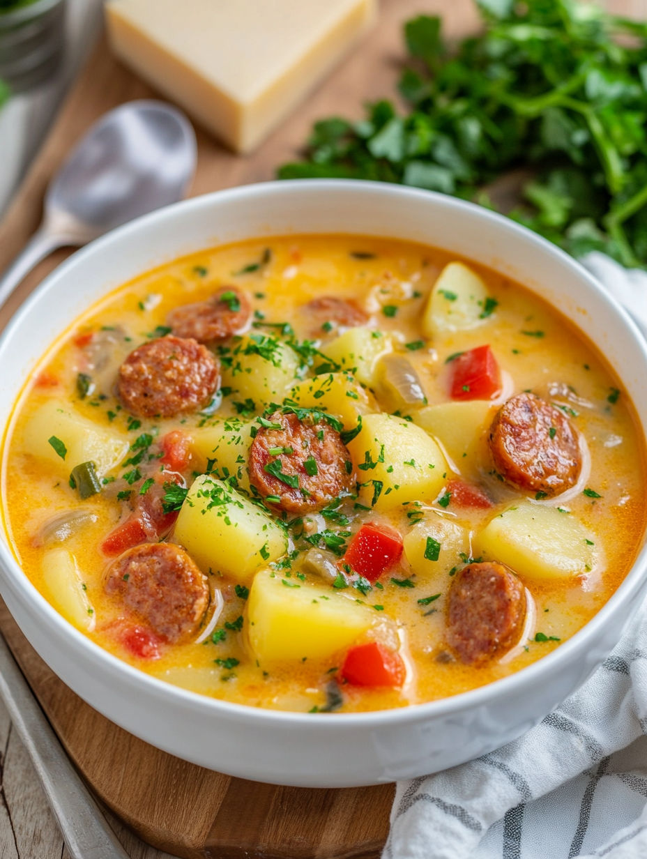 A bowl of soup with sausage and potatoes.