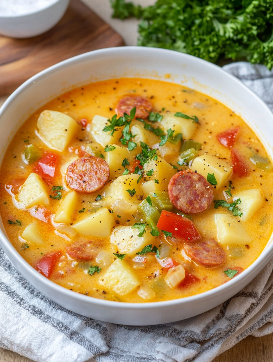 A bowl of soup with sausage and potatoes.