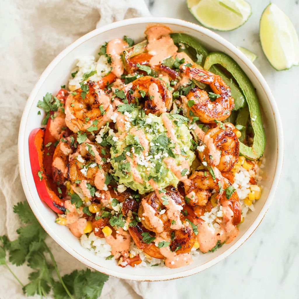 A bowl of shrimp fajita with chipotle sauce.