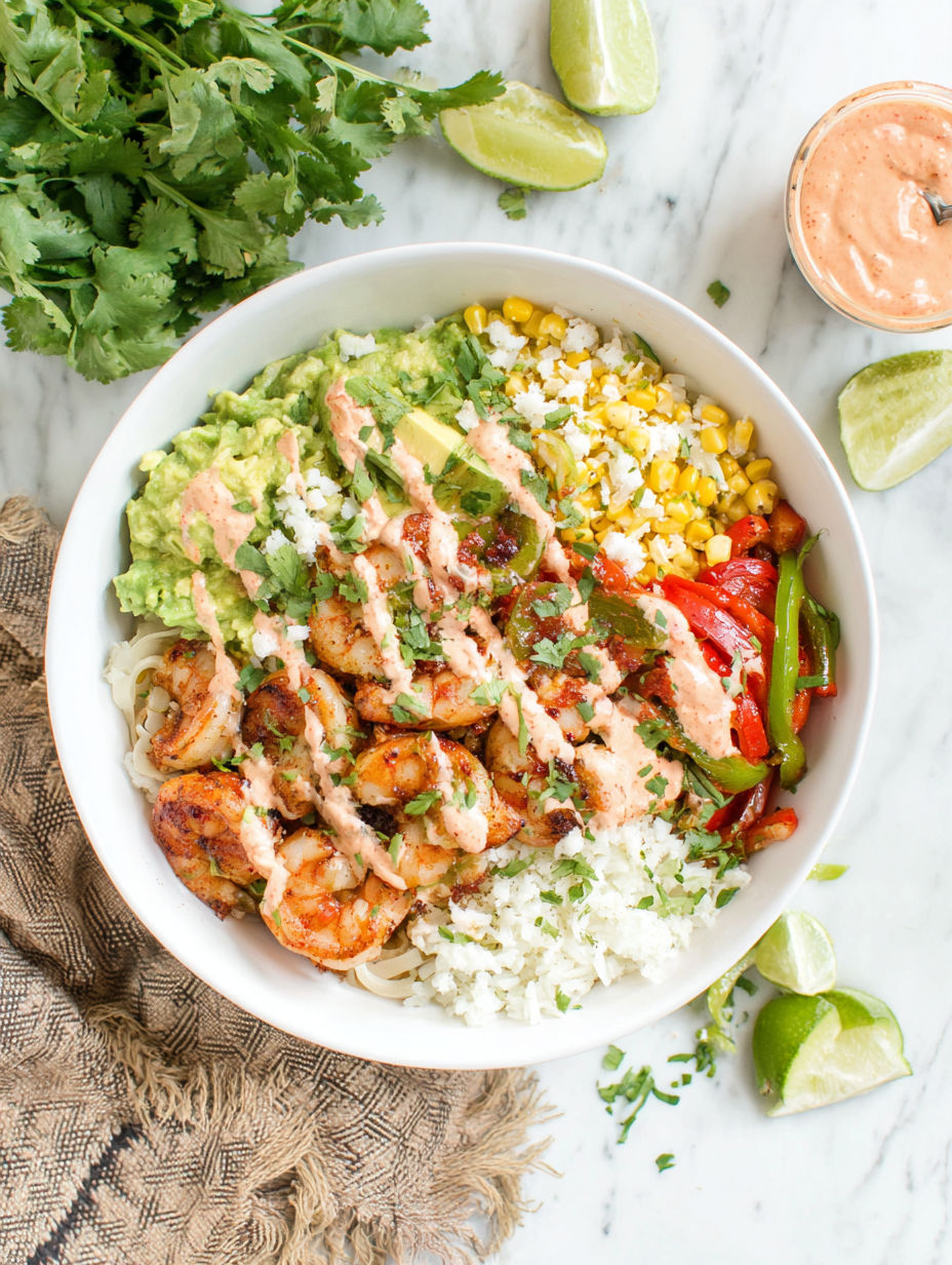 A bowl of shrimp fajita with chipotle sauce.