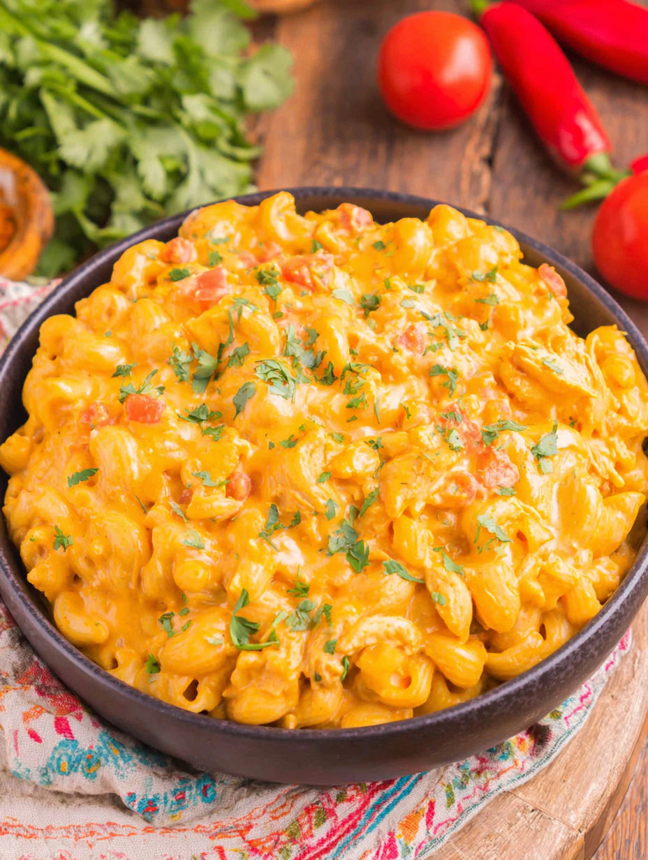 A bowl of macaroni and cheese with chicken and tomatoes.