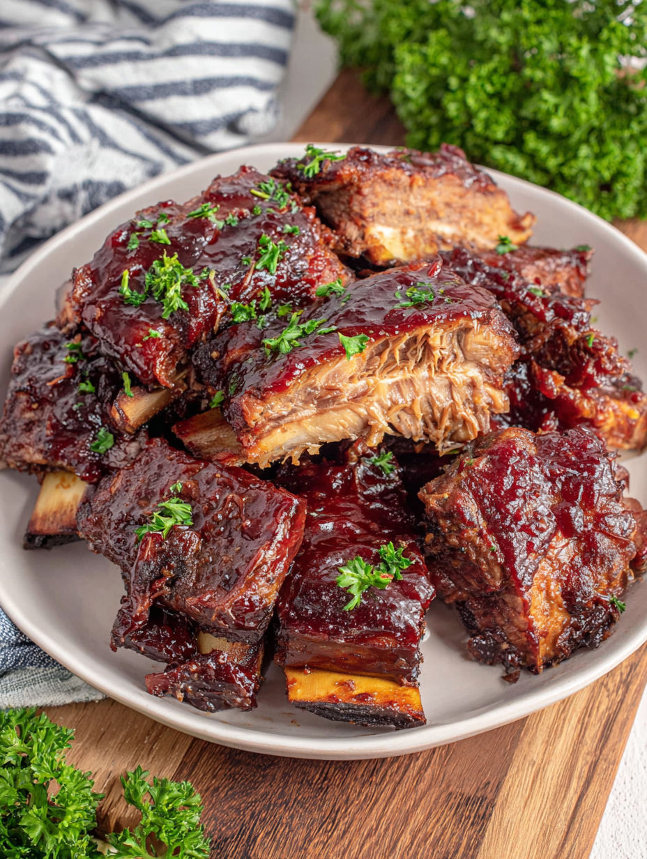 A plate of BBQ ribs with sauce.