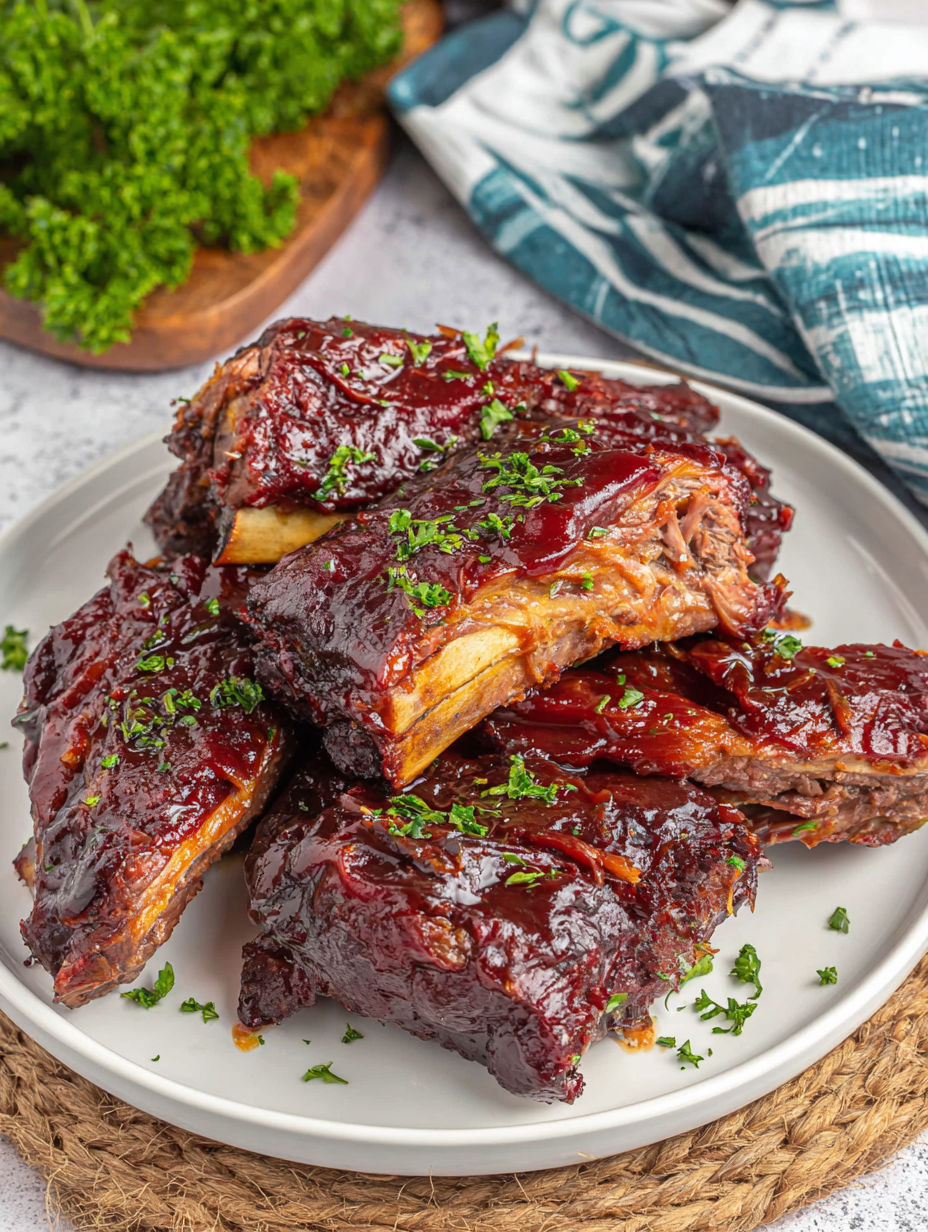 A plate of BBQ ribs with green onions on top.