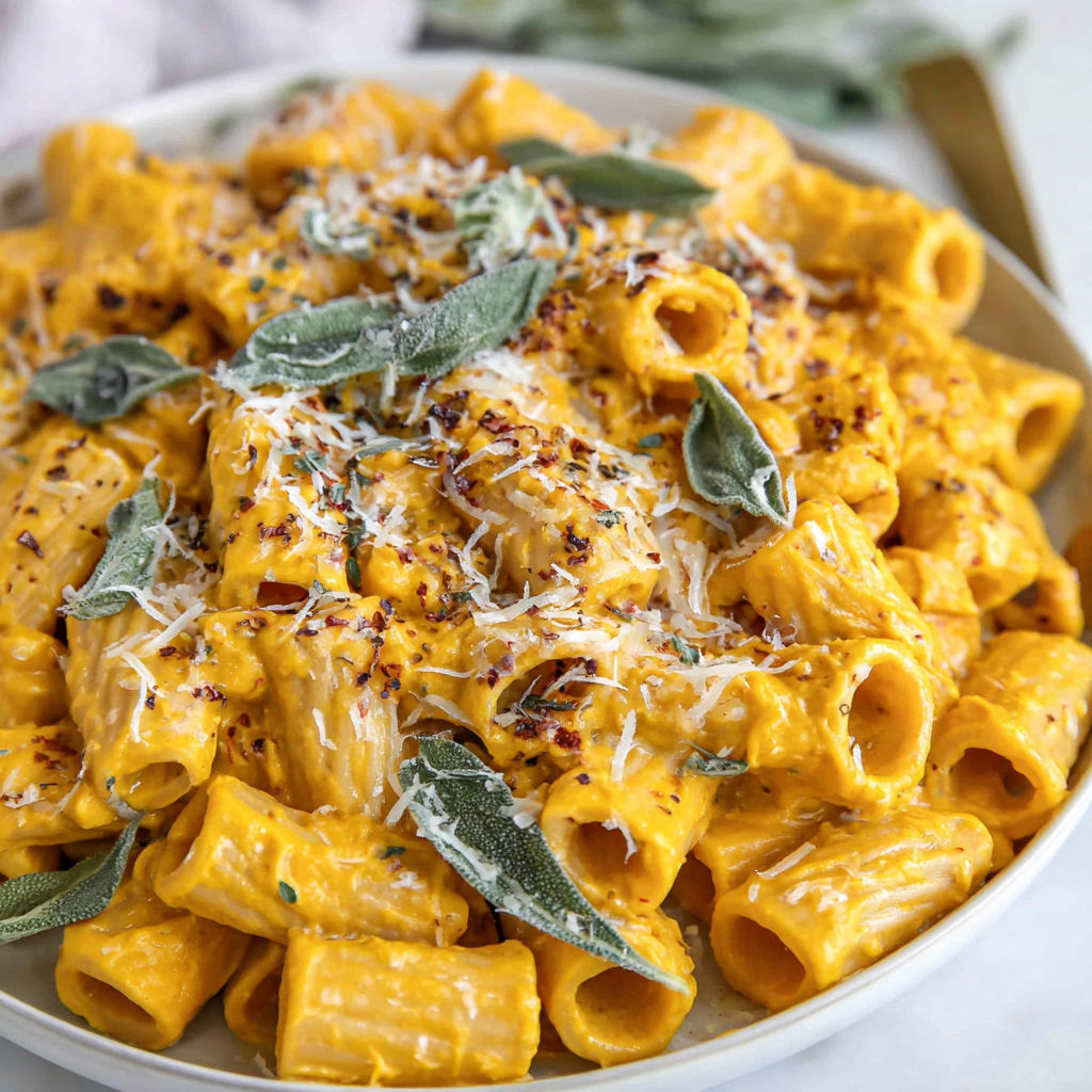 A plate of creamy pumpkin pasta with cheese and herbs.