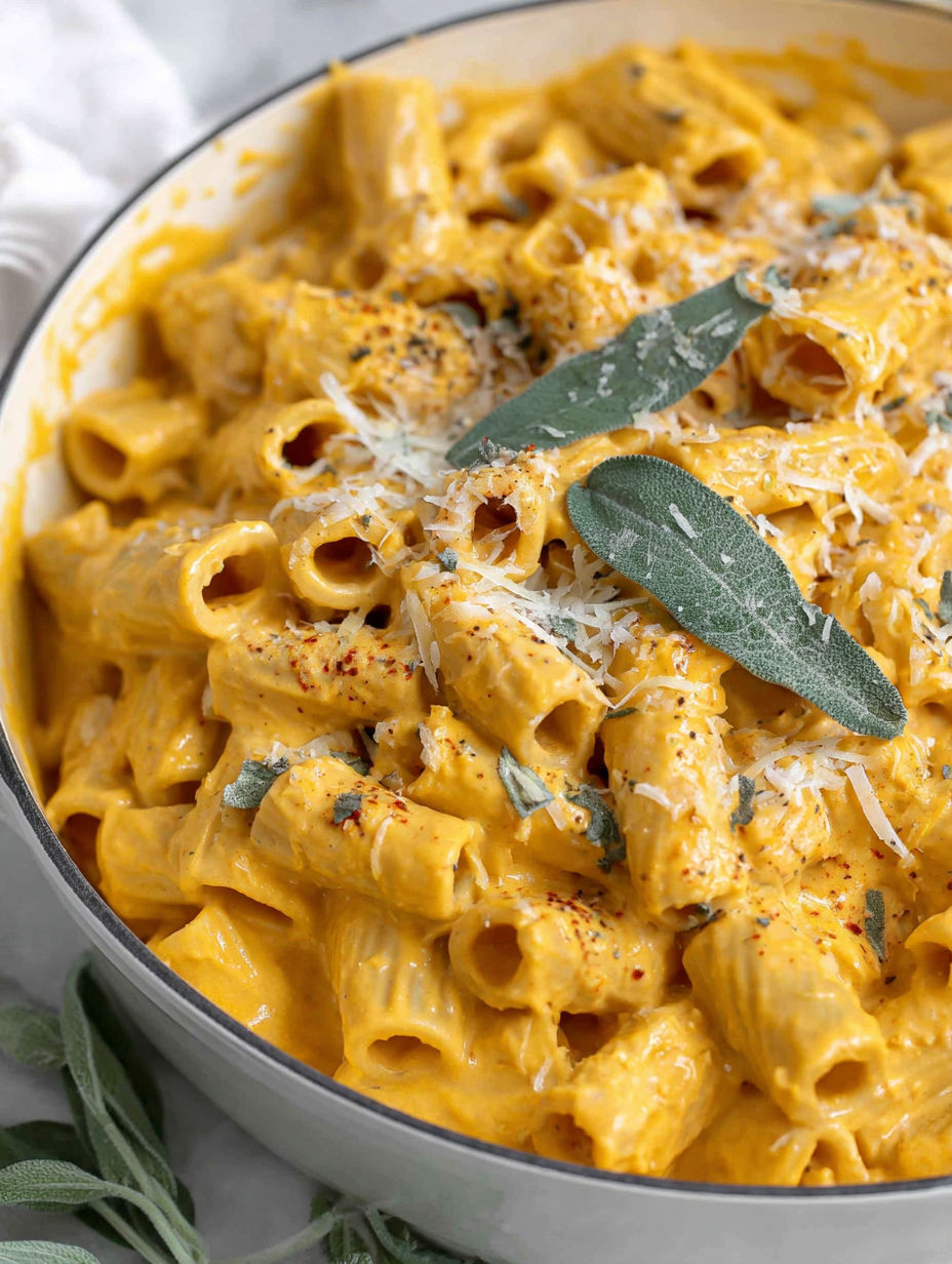 A bowl of creamy pumpkin pasta.