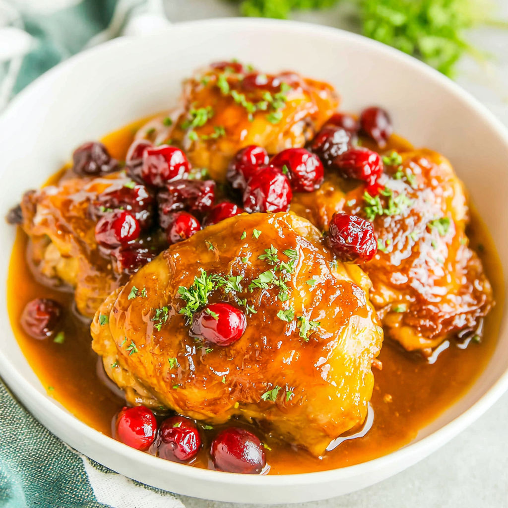 A bowl of chicken with cranberries and apricots.