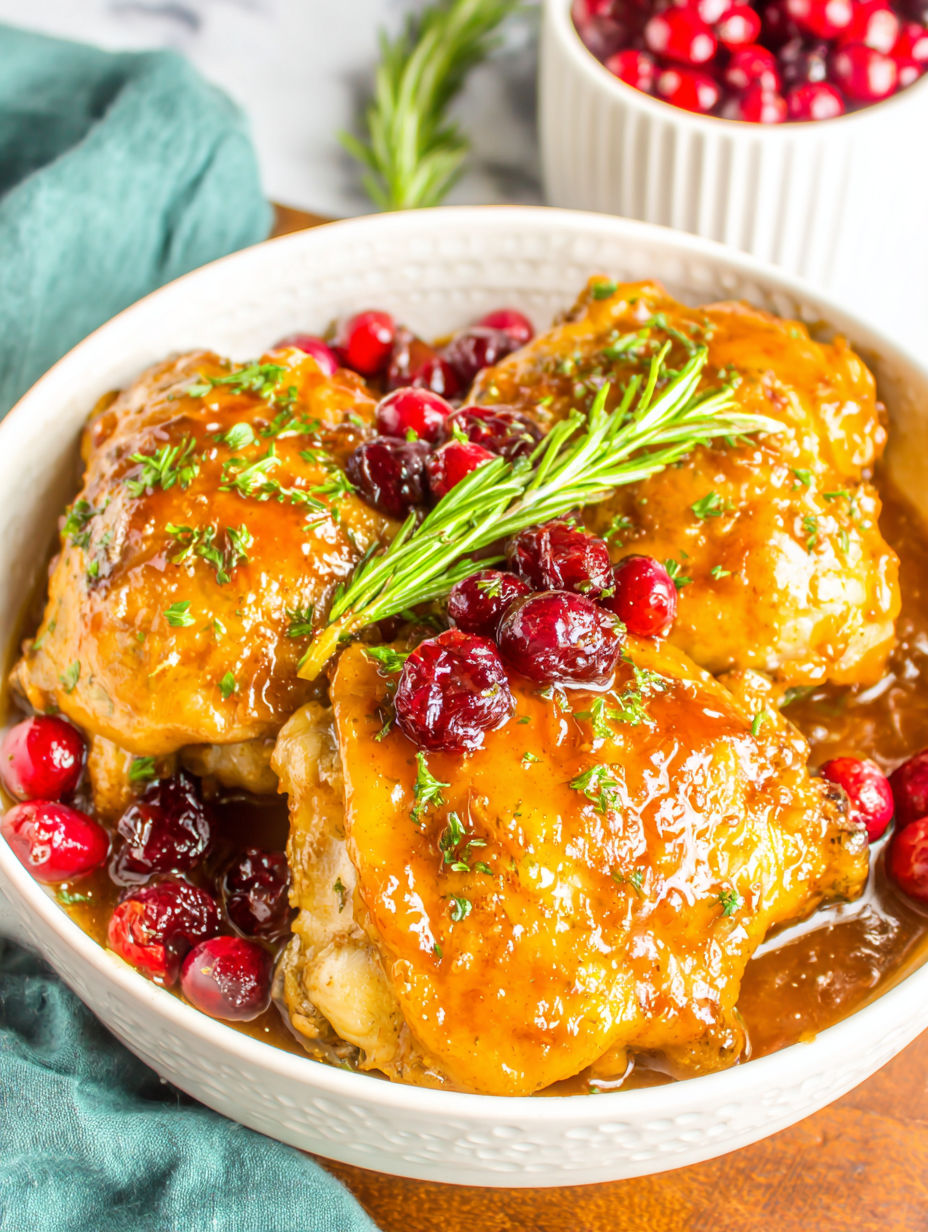 A bowl of chicken with cranberries and apricots.