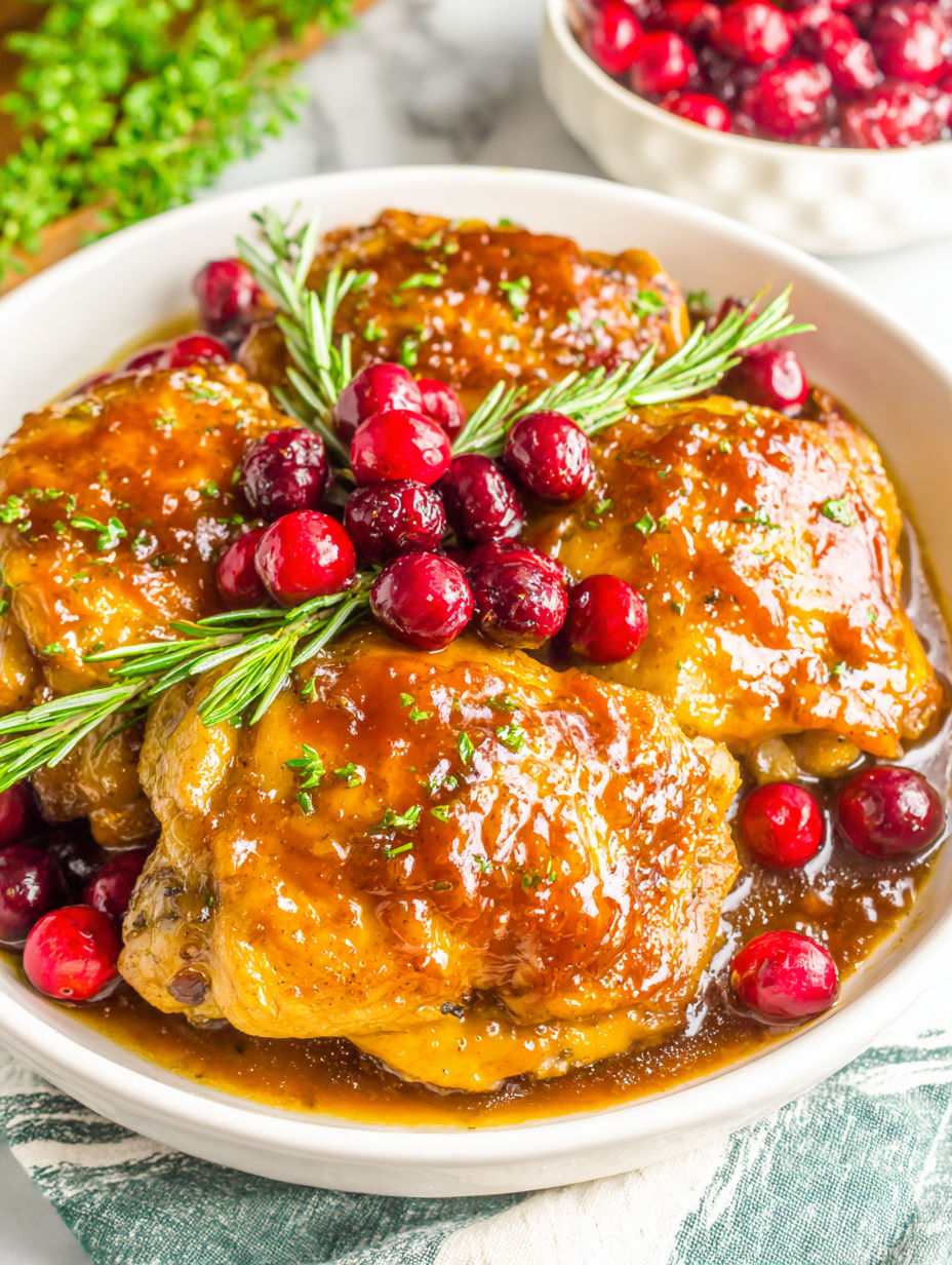 A bowl of chicken with cranberries and apricots.