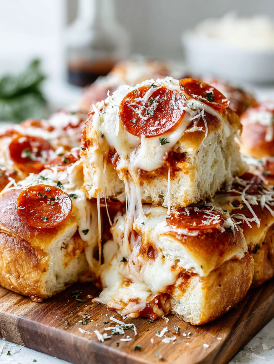 Pepperoni pizza sliders on a wooden platter.