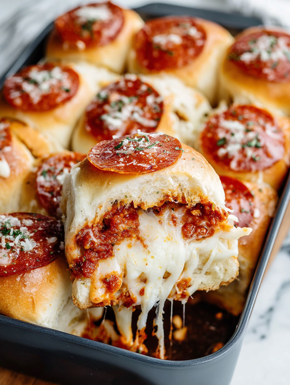 A pan of pepperoni pizza sliders.