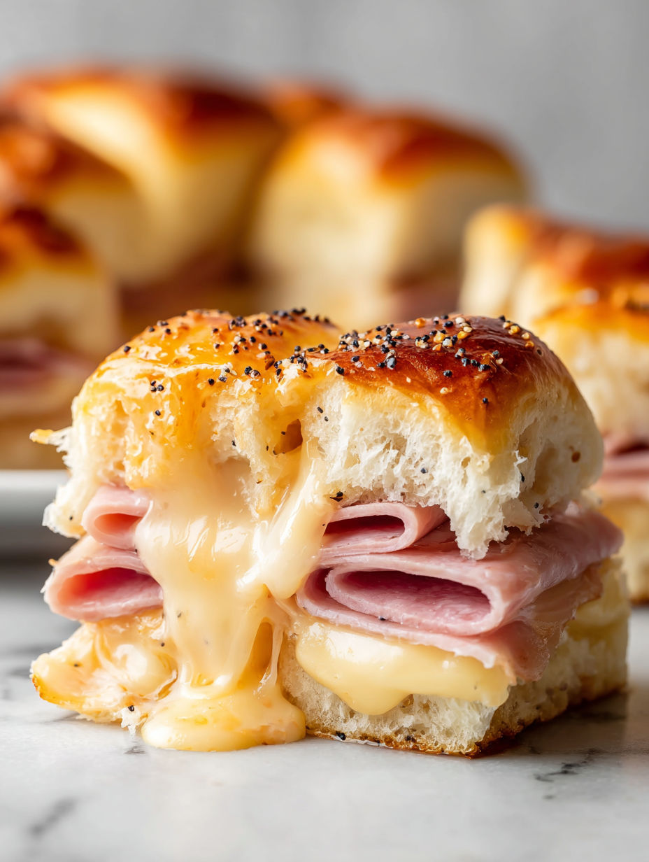 A close up of a ham and cheese slider.
