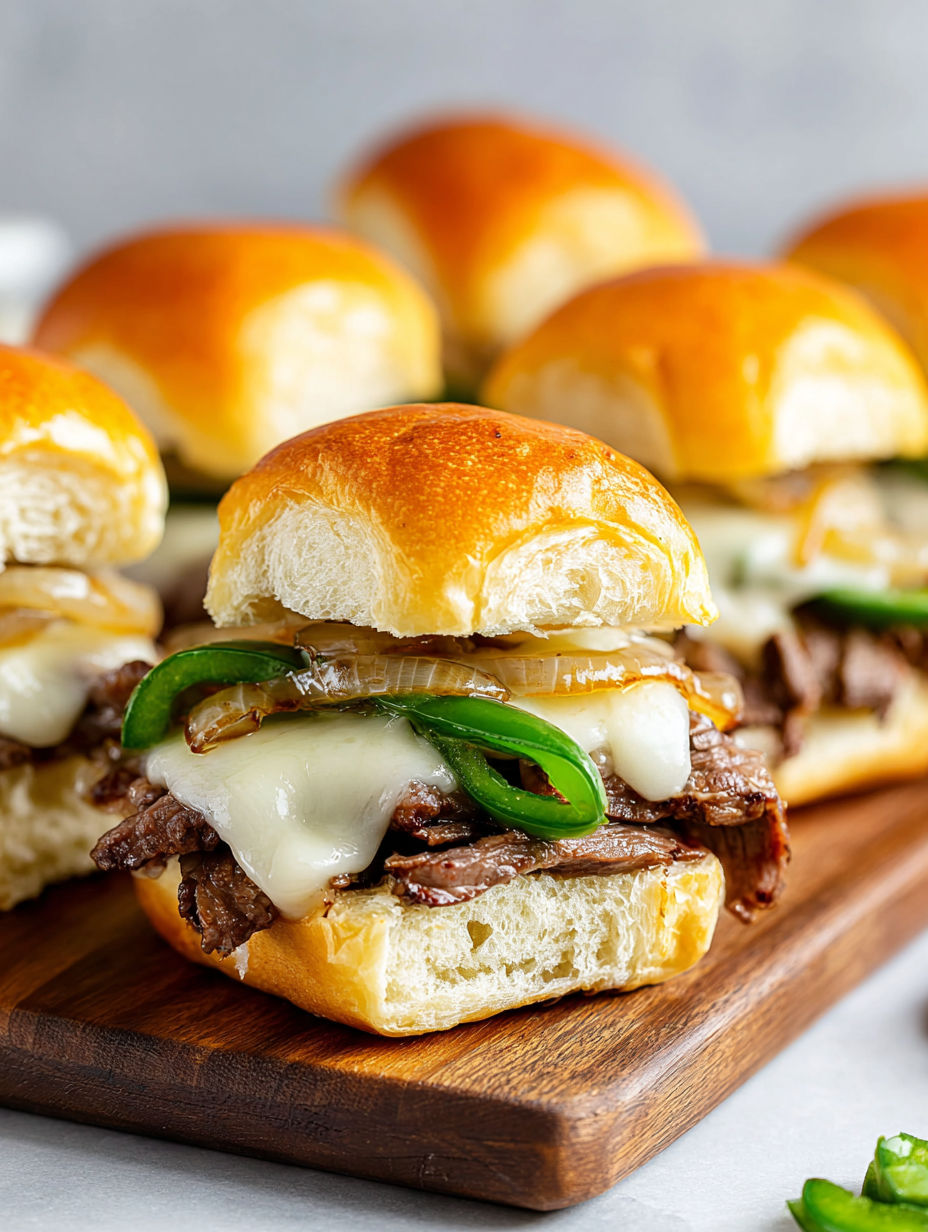 A plate of Philly Cheesesteak Sliders.