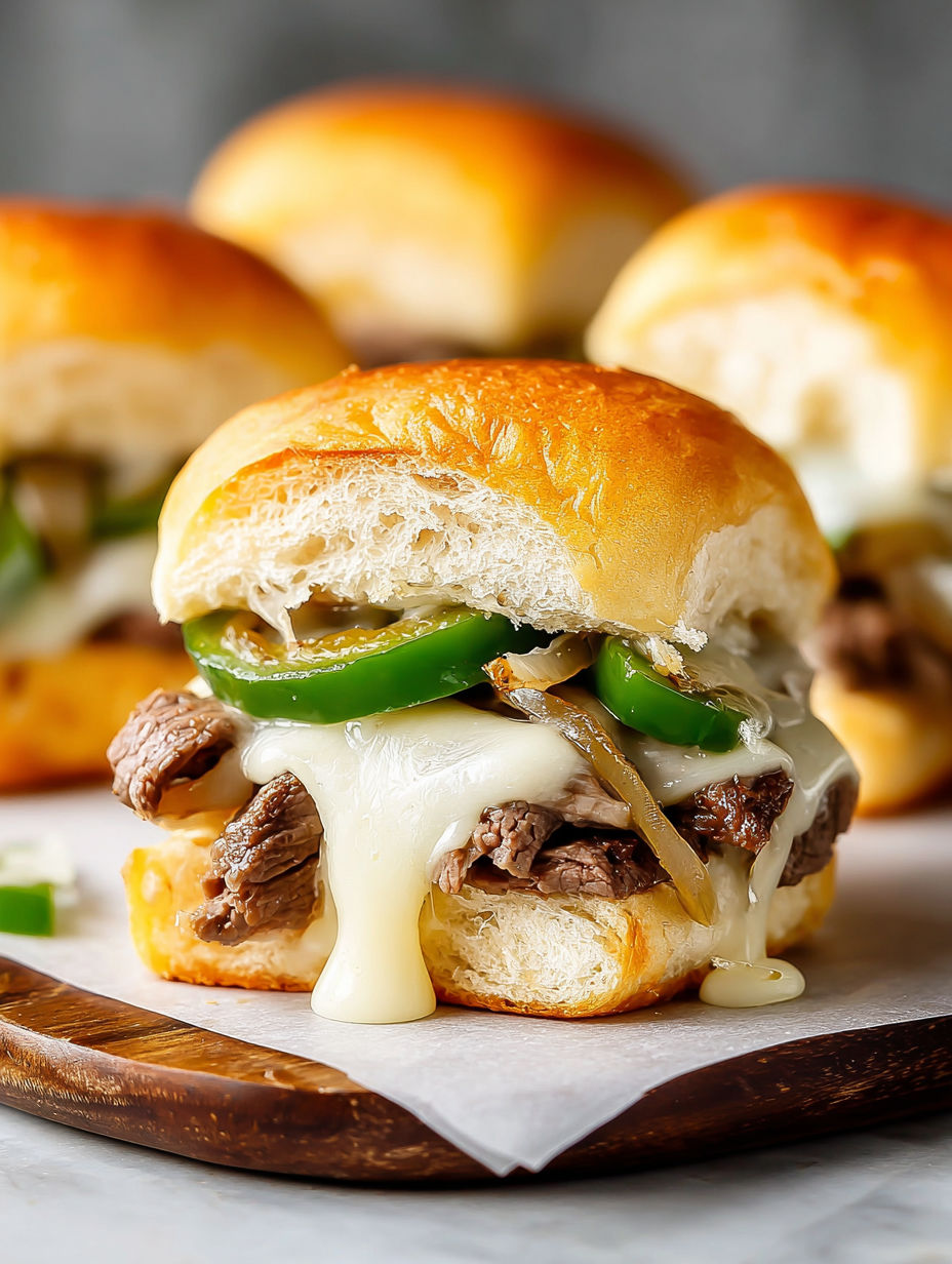 A close up of a Philly cheesesteak slider with onions and peppers.