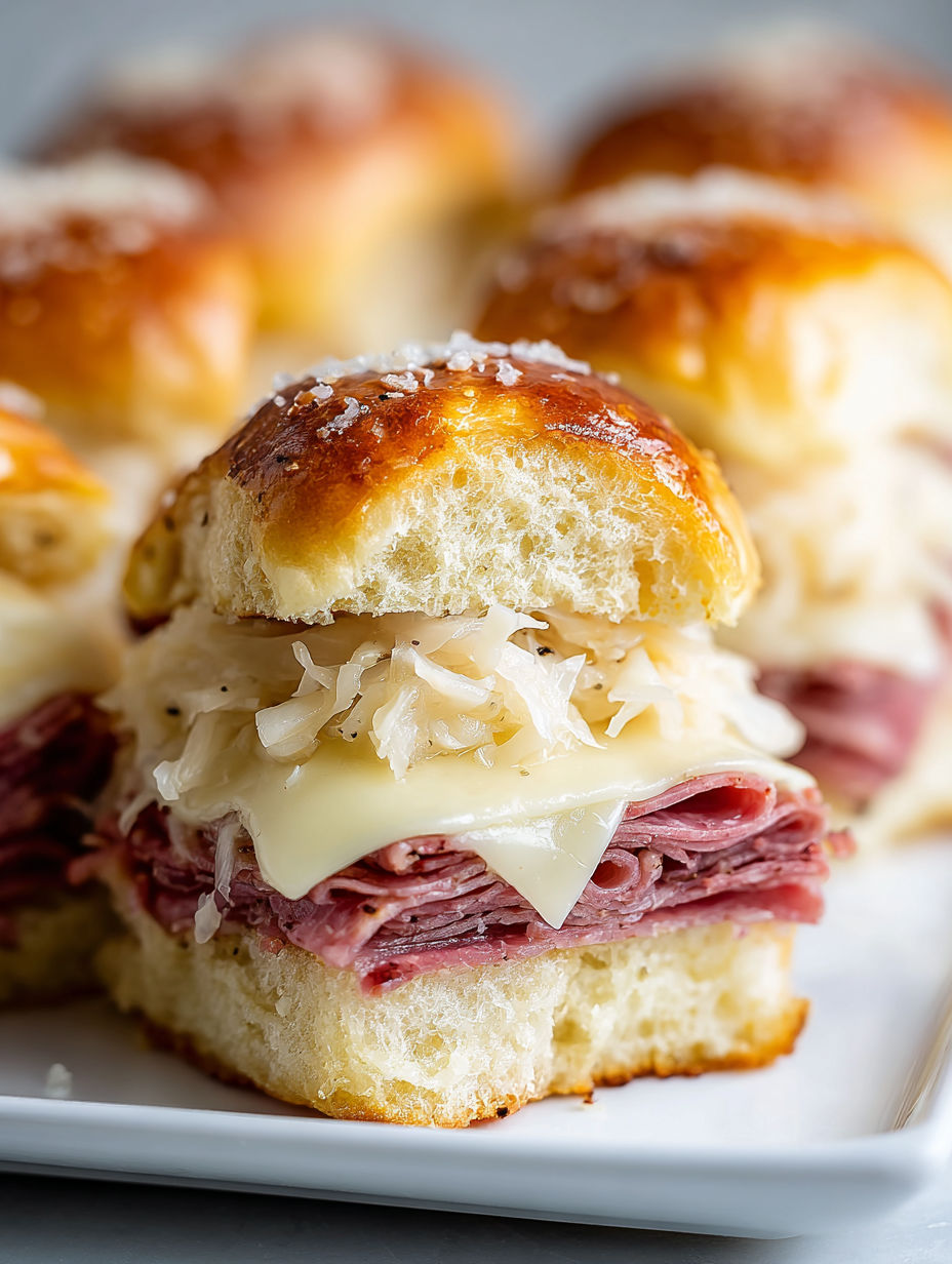A plate of Reuben sliders with cheese and sauerkraut.