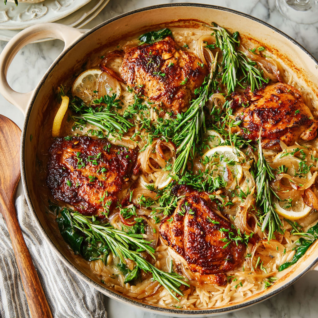 A pot of chicken and orzo with lemon and herbs.