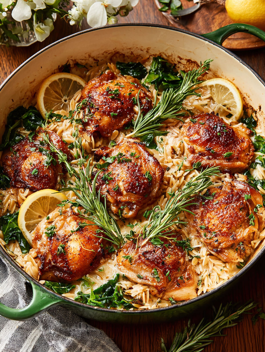 A dish of chicken and orzo with lemon wedges on top.