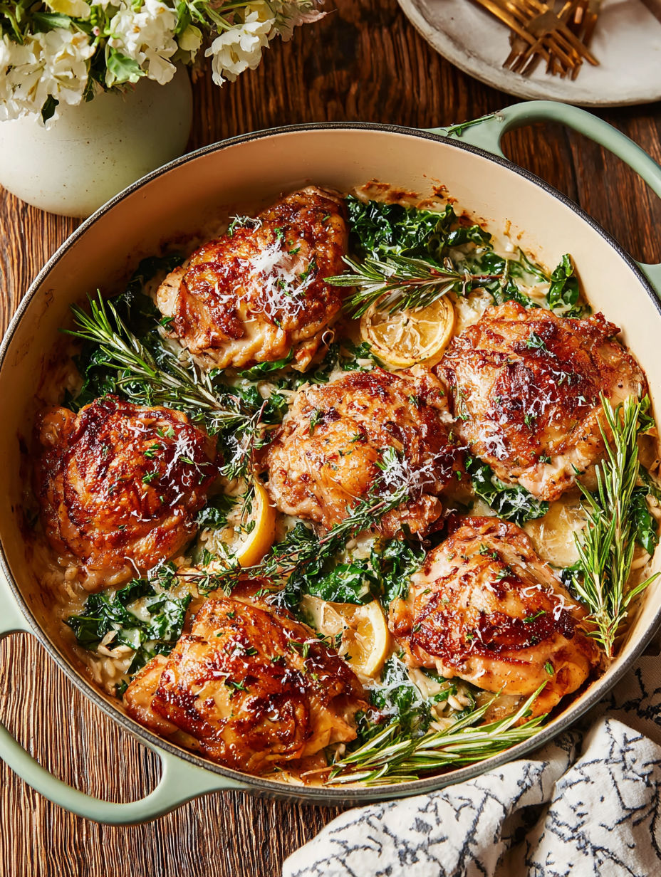 A pot of chicken and orzo with lemon and herbs.
