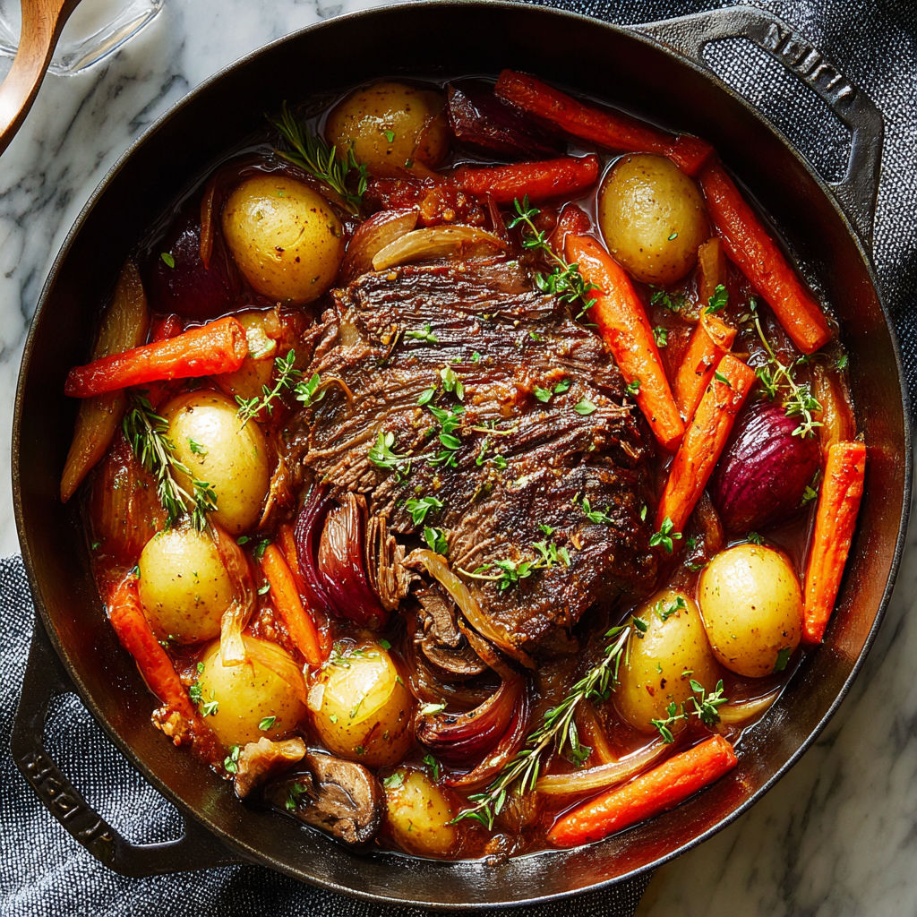 A pot roast with carrots and potatoes.